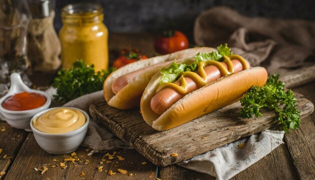 Foto de hotdog. Delicioso producto de comida r&aacute;pida preparado en estilo r&uacute;stico