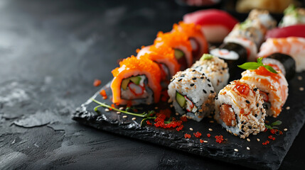 Fresh delicious Japanese sushi on a dark background. sushi, rolls