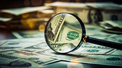 Dollar bills and a magnifying glass on the table - obrazy, fototapety, plakaty
