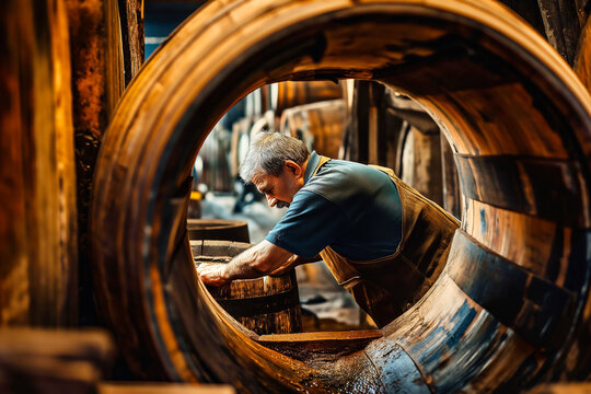 Mature man working in a winery, making barrels of wine
