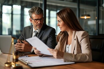 Female lawyer attorney or bank manager consulting male client holding papers during legal advice. Two business executives discussing financial accounting documents report at meeting, Generative AI