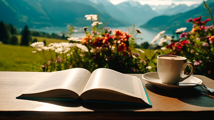 Livre ouvert et tasse de café sur une table sur la terrasse à la montagne - obrazy, fototapety, plakaty