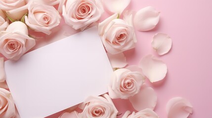With a top view wedding mockup and pink roses in between, a blank card is displayed, Generative AI.