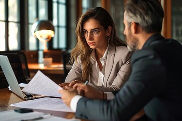 Female lawyer attorney or bank manager consulting male client holding papers during legal advice. Two business executives discussing financial accounting documents report at meeting, Generative AI - obrazy, fototapety, plakaty