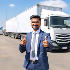 Fototapeta na wymiar logistic businessman standing at his warehouse and showing thumbs up