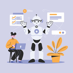 2d vector illustration colorful technology , ai robot making jobs helping people colorful design