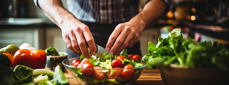 male cook prepares salad in the kitchen