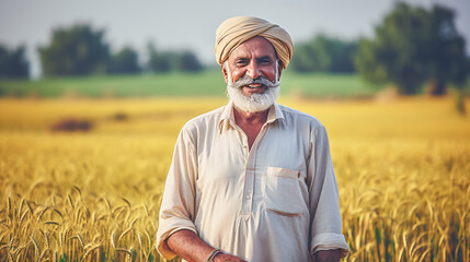 Naklejka na ściany i meble Senior indian farmer standing at wheat agriculture field