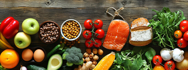 Balanced diet - healthy food on a wooden background. - obrazy, fototapety, plakaty