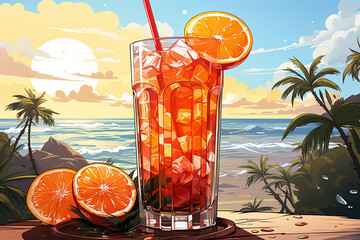 Southern iced tea  illustration blue checkered background, lemon slices, ice, delicious, straw