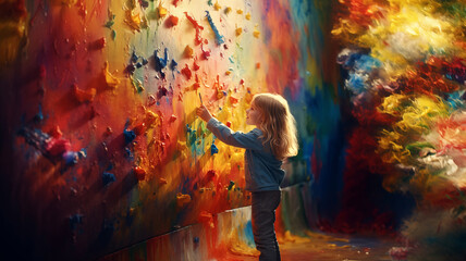 blonde little girl painting a colourful rainbow on an old wall, creating her own universe