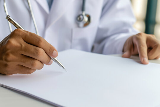 Close up of male doctor writing prescription on clipboard with stethoscope