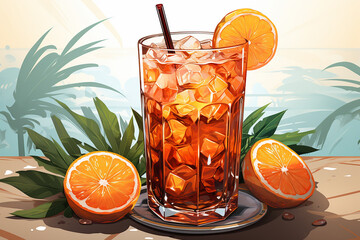 Southern iced tea illustration blue checkered background, lemon slices, ice, delicious, straw