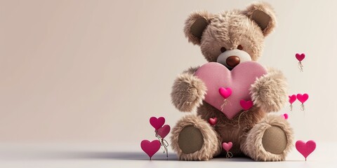 Happy valentine teddy bear holding pink hearts.