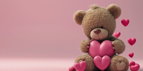 Happy valentine teddy bear holding pink hearts.