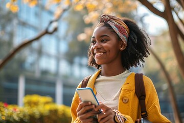 Smiling happy cute African teen girl student holding cellphone looking away with smartphone technology device in hand walking in college park outside using apps on mobile phone, Generative AI - Powered by Adobe