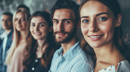 Obraz premium happy people standing in a row, smiling and waiting meeting to begin,