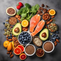 Healthy food selection on gray background Detox and clean diet concept Foods high in vitamins, minerals and antioxidants Anti age foods Top view