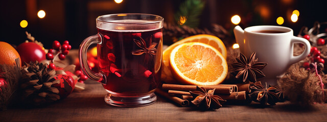 a glass of mulled wine on a wooden table. Christmas concept