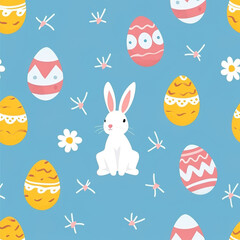 easter bunny and eggs background white rabbit style cartoon flat seamless pattern blue colorful color, Easter illustration, pattern celebration