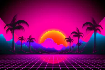 Printed roller blinds Pink Retro wave city background. Neon night landscape with a futuristic city in the style and aesthetics of the 80s and 90s. Synthwave, cyberpunk. Neural network AI generated art