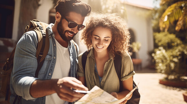 Fun, friends, travel and tourism concept. a beautiful couple is looking for a way on a map