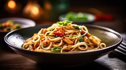 Indulge in a gastronomic delight a plate of exquisite pasta adorned with delectable seafood, set against a rich and enticing dark background. - obrazy, fototapety, plakaty