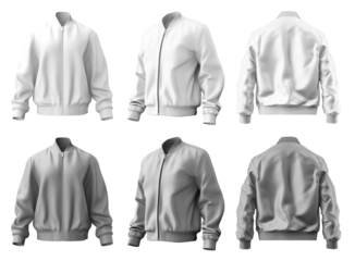 2 Set of white and light grey gray, unisex bomber jacket with full zip zipper collar, front back side view on transparent background cutout, PNG file. Mockup template for artwork graphic design.