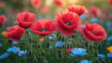Poppies Spring field, red color wild flowers, closeup view