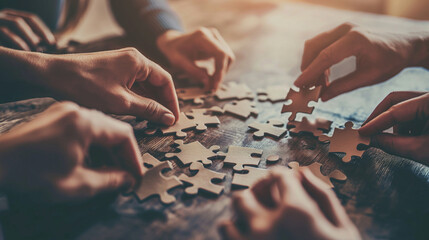 concept of teamwork and partnership, hands joining puzzle pieces in the office, business people putting the jigsaws as a team