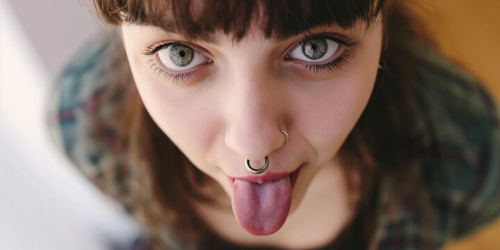 Model Frau Gesicht mit Piercing bleckt Zunge Nahaufnahme