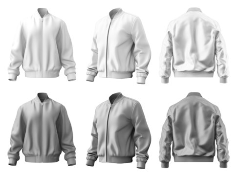 2 Set of white and light grey gray, unisex bomber jacket with full zip zipper collar, front back side view on transparent background cutout, PNG file. Mockup template for artwork graphic design.