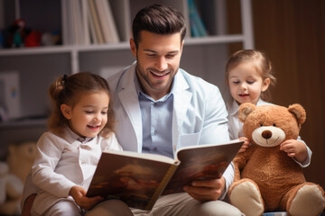 Happy paediatrician playing and reading with kids, volunteer work