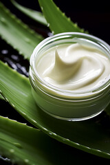 glass jar with cream, on the background of aloe vera leaves