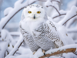 A majestic snowy owl perches gracefully on a snow-covered branch, exuding wisdom and regality.
