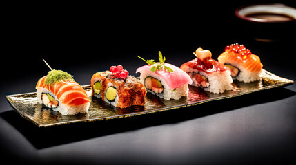 Embark on a culinary journey with a vibrant array of Japanese sushi delights. An overhead view showcases tempting maki rolls, nigiri, and more. Irresistible sushi ensemble.