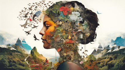 fragments of ecological and nature images on top of beautiful side view of a woman in a world diversity background