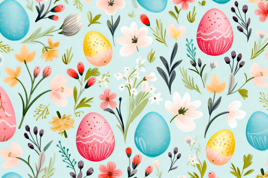 Easter retro pattern design background with decorative eggs, leaves, flowers. Sky blue watercolor art background