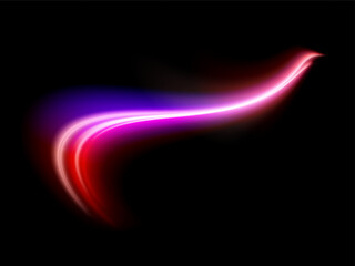 Long exposure light painting photography, curvy lines of vibrant neon metallic pink white against a black background