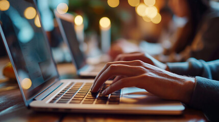man hands typing on laptop in a coffee shop, working with his colleague in a cozy environment