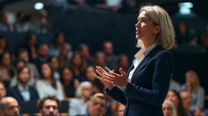 confident businesswoman in suit speaking in front of people giving a speech
