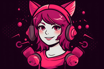 kawaii girl in anime style with headphones. Neural network AI generated art