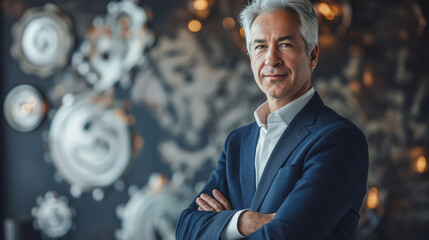 happy mature businessman with grey hair smiling and crossing arms - Powered by Adobe