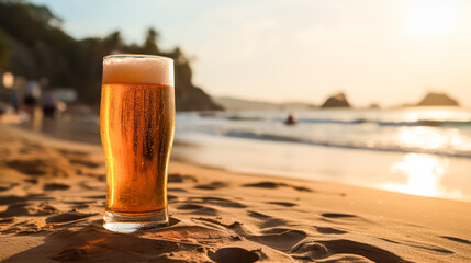 Chill vibes at the beach bar. A cold beer stands on the table, inviting relaxation by the shore. Perfect scene for a laid-back beach experience.