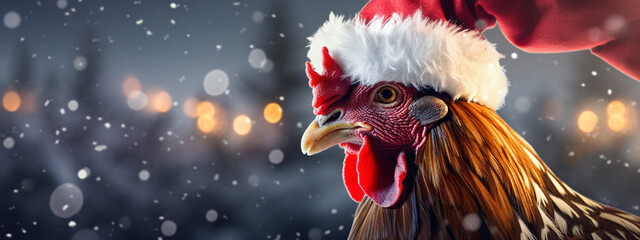 a rooster in a Santa Claus hat. year of the rooster concept - obrazy, fototapety, plakaty