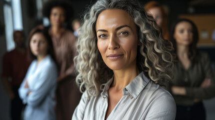 Fototapeta premium businesswoman leader in her 40s in front of people businessteam different ages and races ethnicity diversity