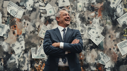 cheerful elegant businessman in suit crossing arms and looking away while laughing in front of money abstract background