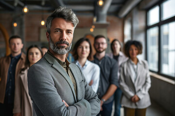 Obraz premium confident businessman crossing arms and being a leader in front of his team