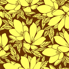 asymmetrical seamless floral yellow outline pattern on brown background, design, background