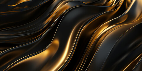 Wellenmotiv in leuchtenden gold mit schwarzen Farben als Hintergrundmotiv für Webdesign im Querformat für Banner, ai generativ